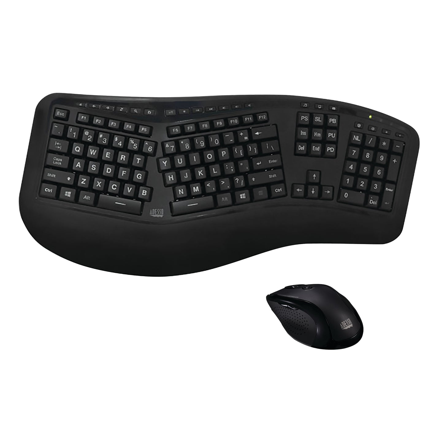 Adesso Wireless Ergonomic Keyboard and Laser Mouse set. The keyboard has a curved layout for comfort, with a matching mouse.