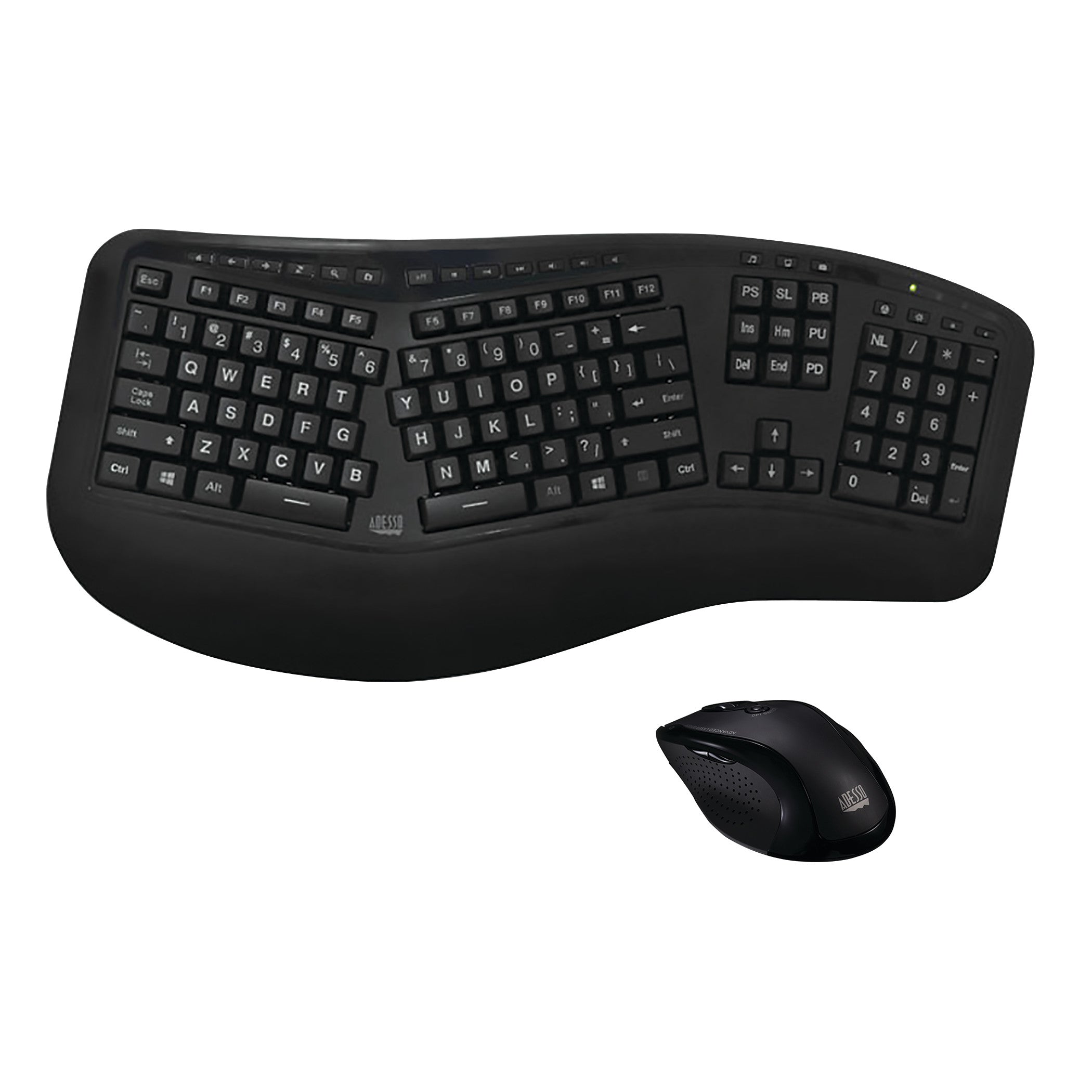 Adesso Wireless Ergonomic Keyboard and Laser Mouse set. The keyboard has a curved layout for comfort, with a matching mouse.