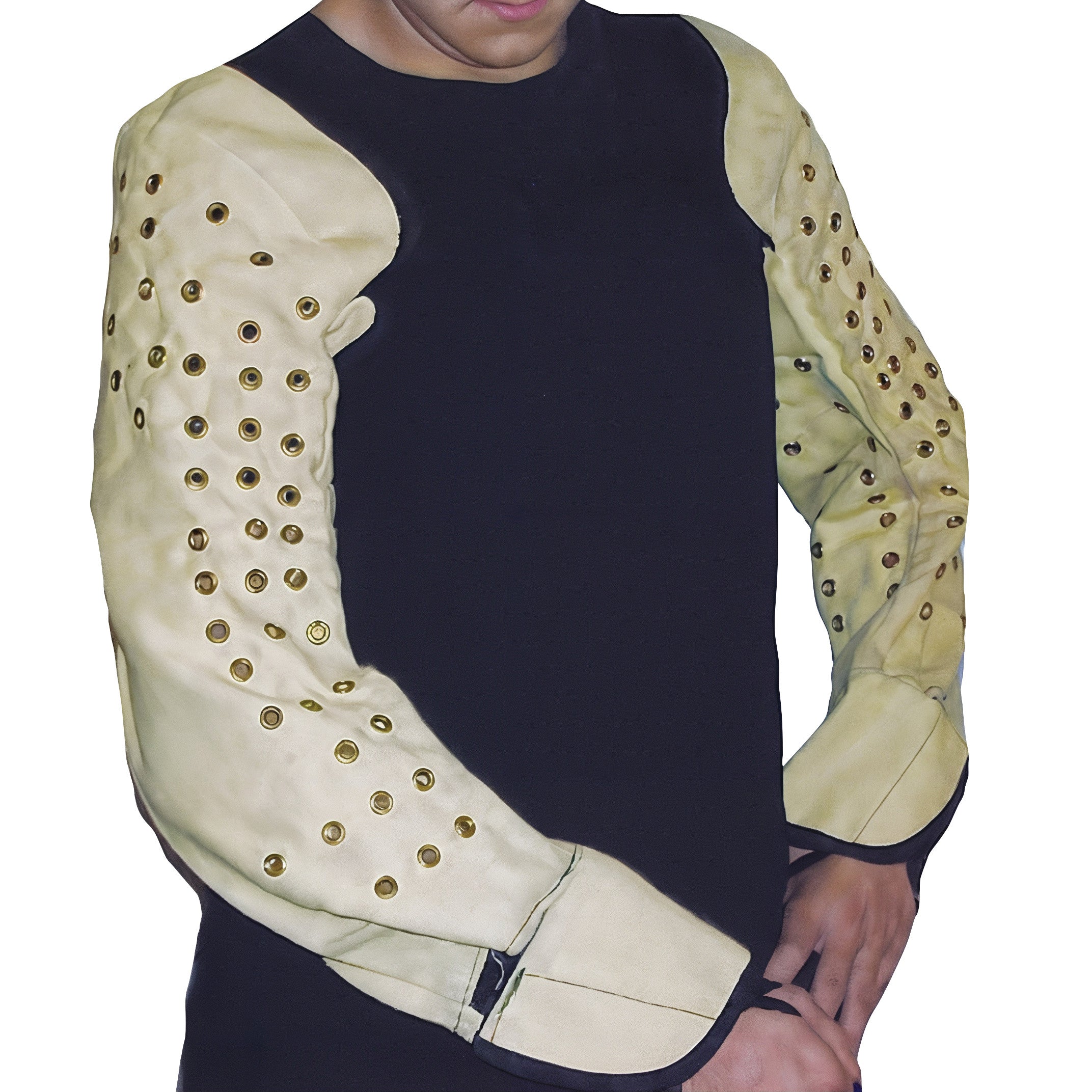 Person wearing an Anti-Cut and -Slash Sleeve with beige sleeves featuring gold grommets, and a black torso section.