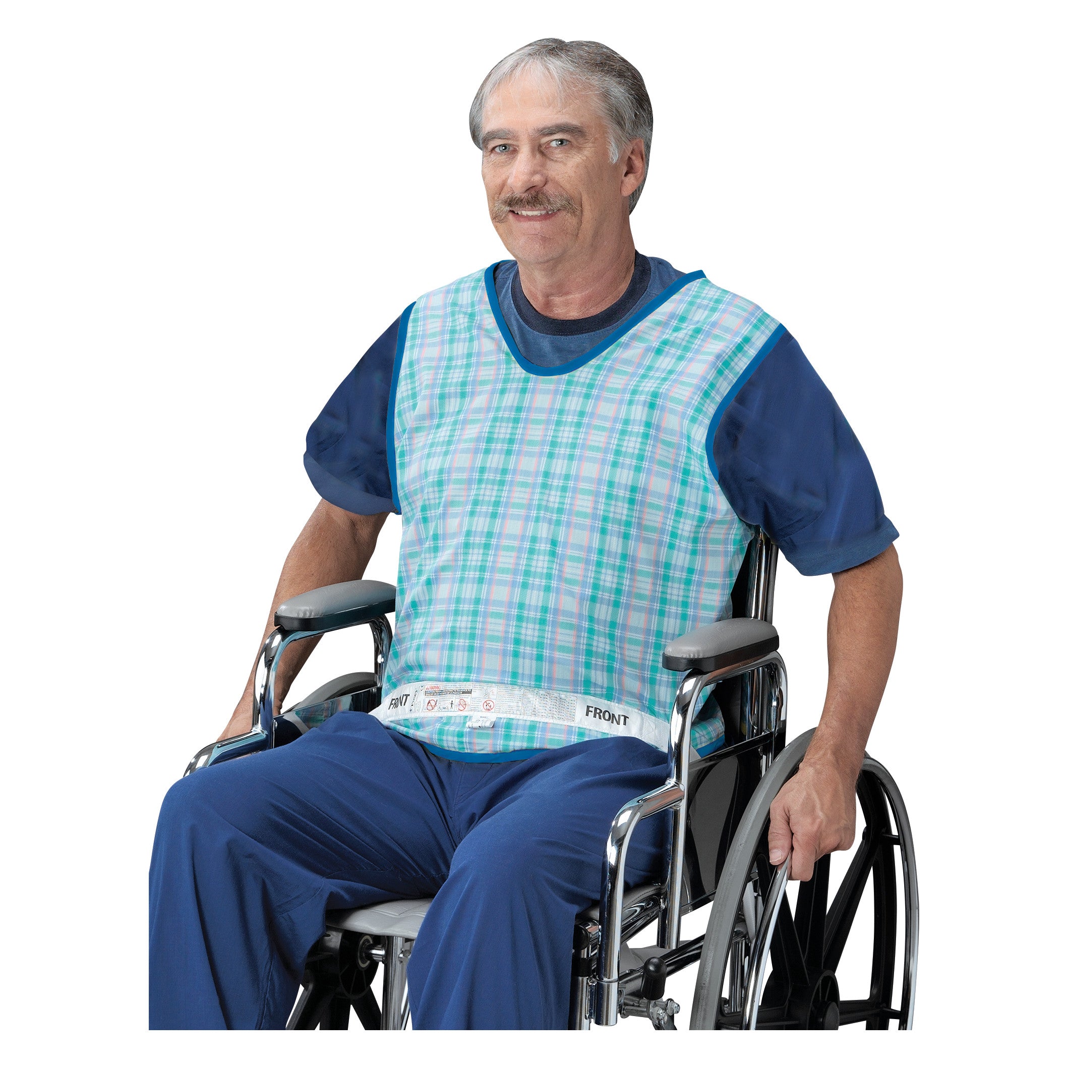 Man in a wheelchair wearing a Posey Safety Vest with a blue plaid pattern and a belt labeled "FRONT."