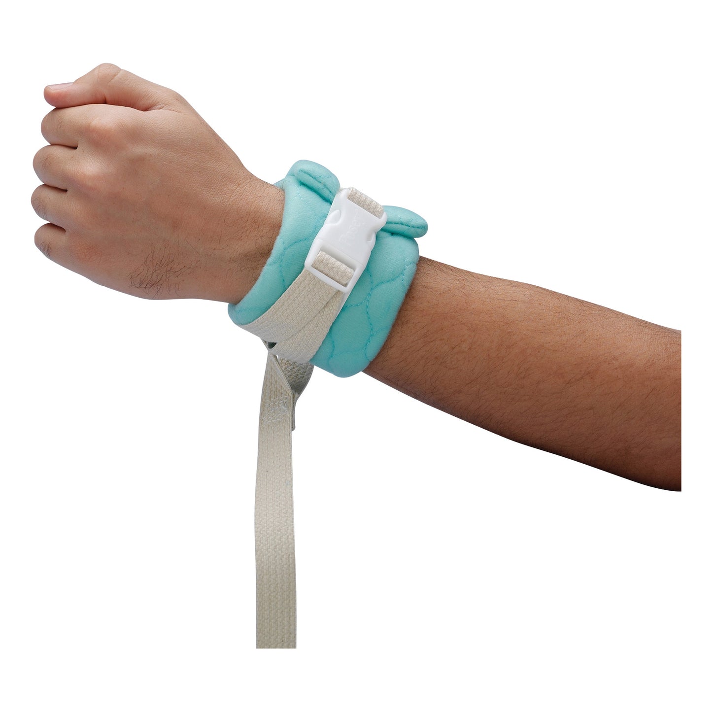 A Posey Limb Holder with Quick-Release Buckle is shown secured on a forearm. The holder is cushioned and fastened with a strap.