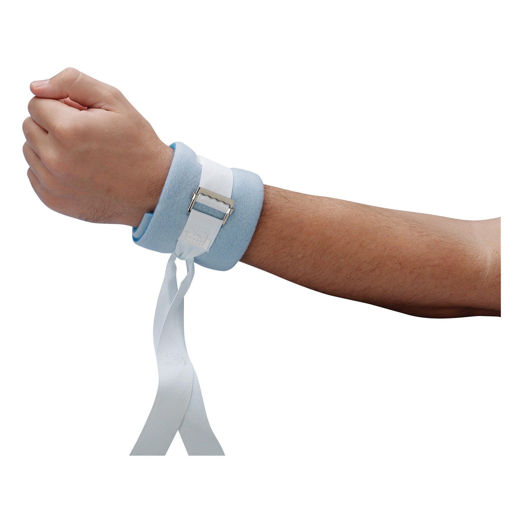 A person's wrist is secured by a Posey Limb Holder with D-Ring Closure, featuring a light blue padded cuff and white strap.