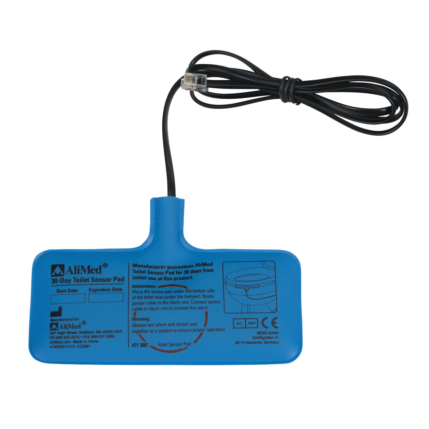 AliMed Toilet Pressure Sensor Pad in blue with a cable. Instructions and start/expiration date fields are printed on the pad.