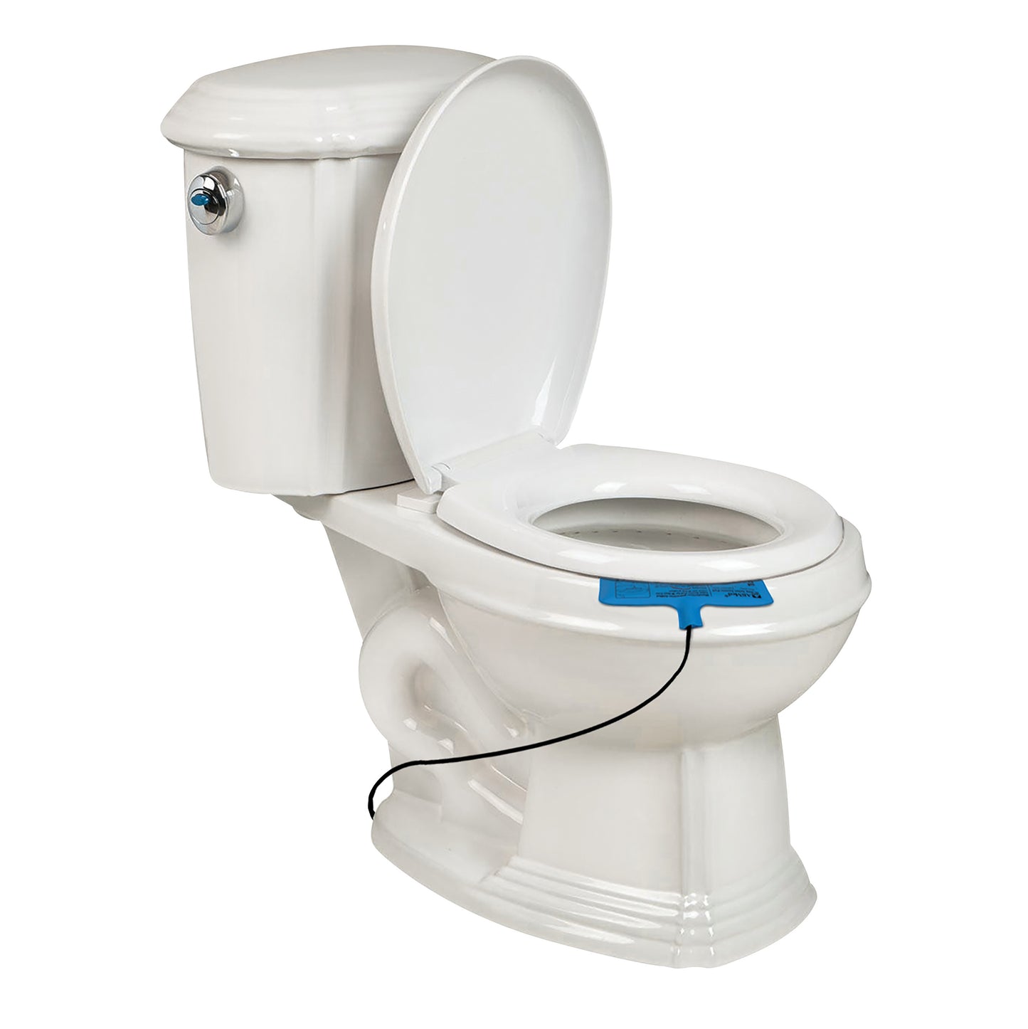 A toilet with an AliMed Toilet Pressure Sensor Pad on the seat, connected by a cord, used for monitoring toilet use.
