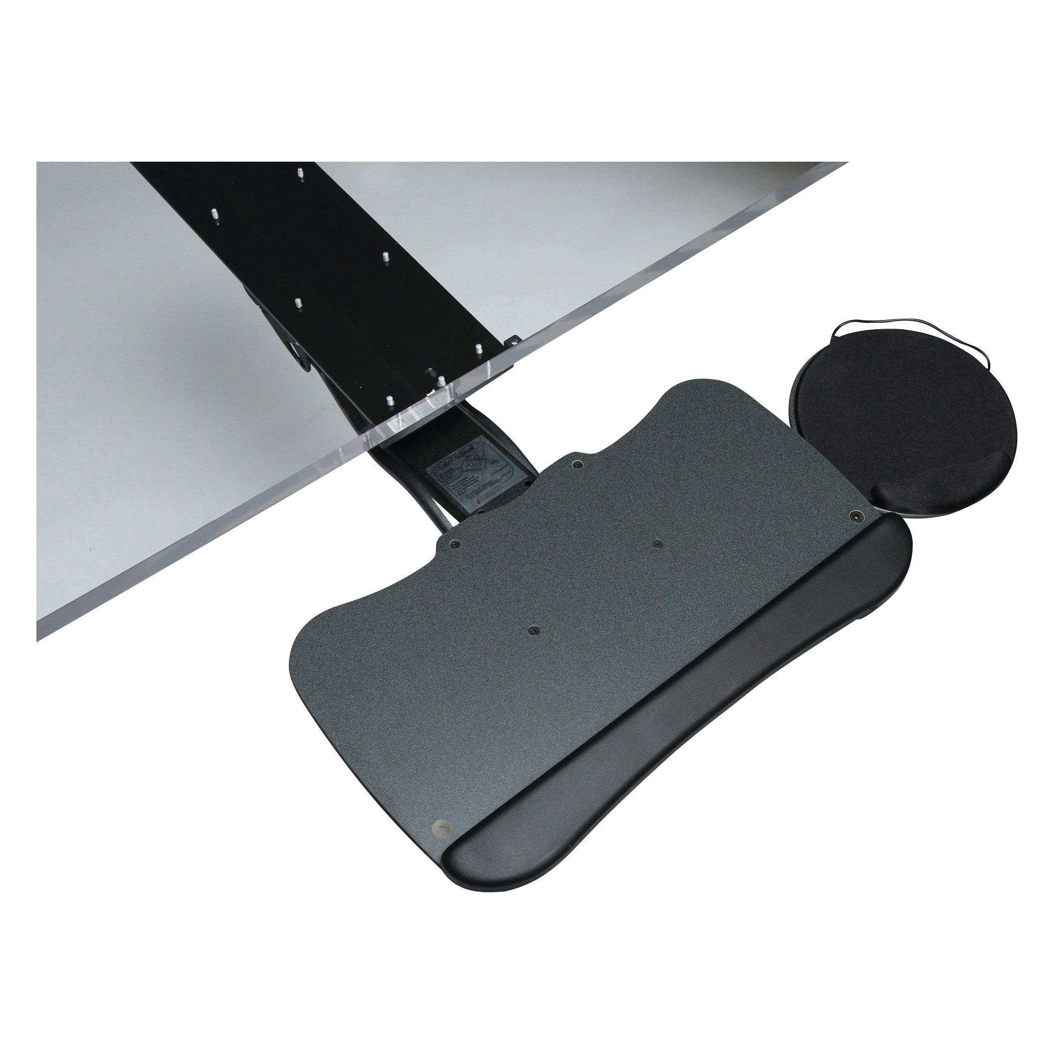 Weber Knapp Cobra Sit-to-Stand Keyboard Tray, featuring a black ergonomic design and adjustable mechanism under a desktop.