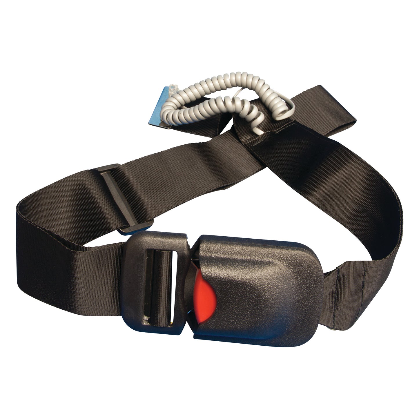 Smart Caregiver Easy-Release Seat Belt Alarm with a black strap and a coiled cord attached to a buckle.