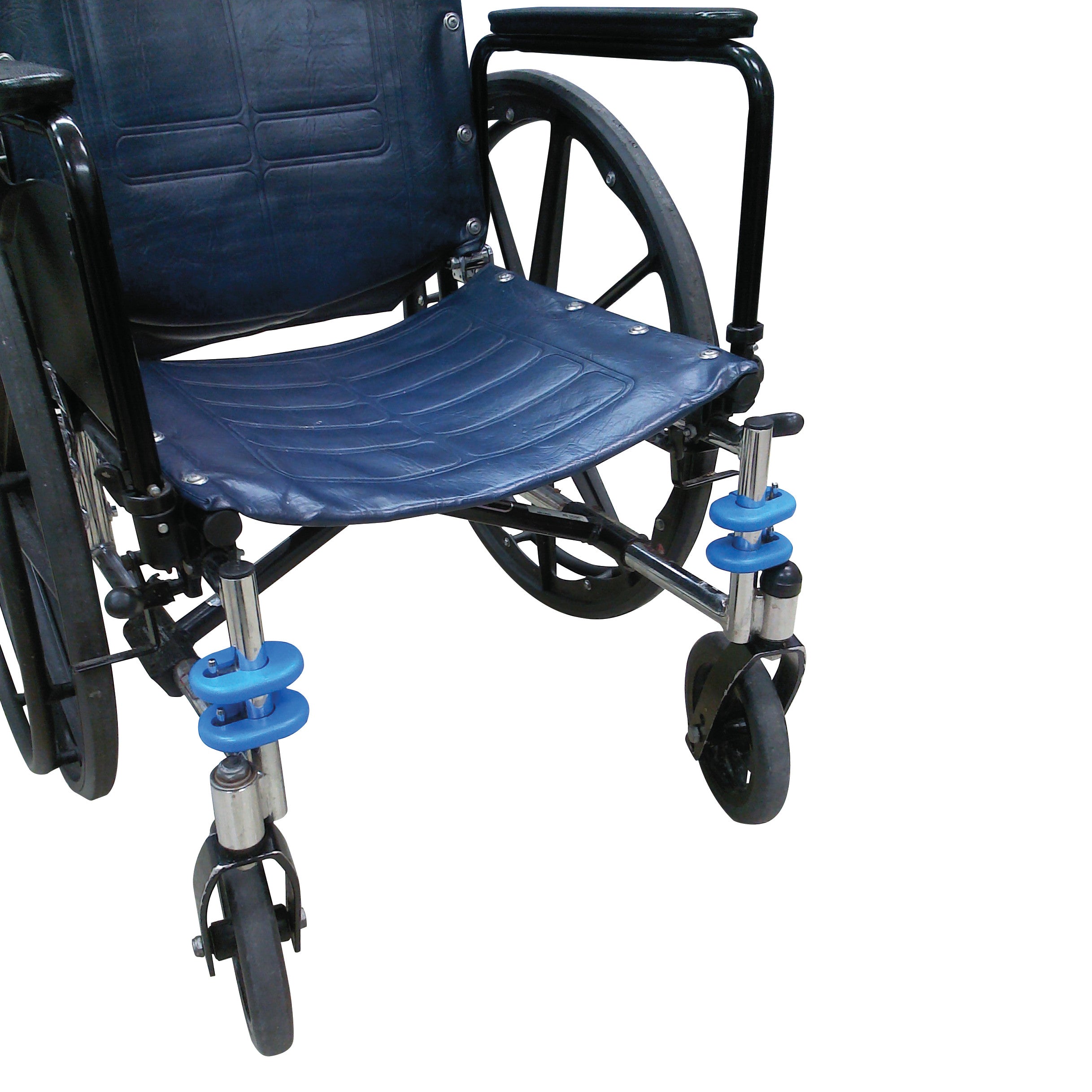 A wheelchair with Calf Bumpers attached to the front wheel supports, featuring blue cushioned rings for protection and comfort.