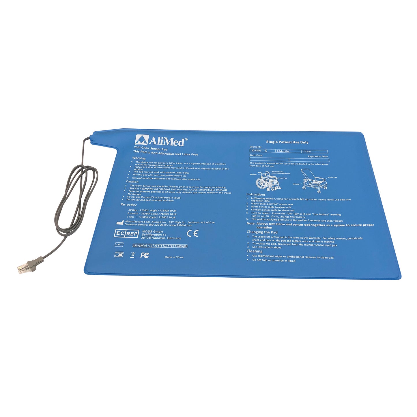 Blue AliMed Corded Chair Pressure Sensor Pad with instructions and cord attached for monitoring pressure changes.