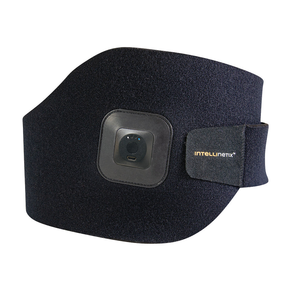 Intellinetix Universal Therapy Wrap, a black adjustable wrap with a square control panel for therapeutic use.