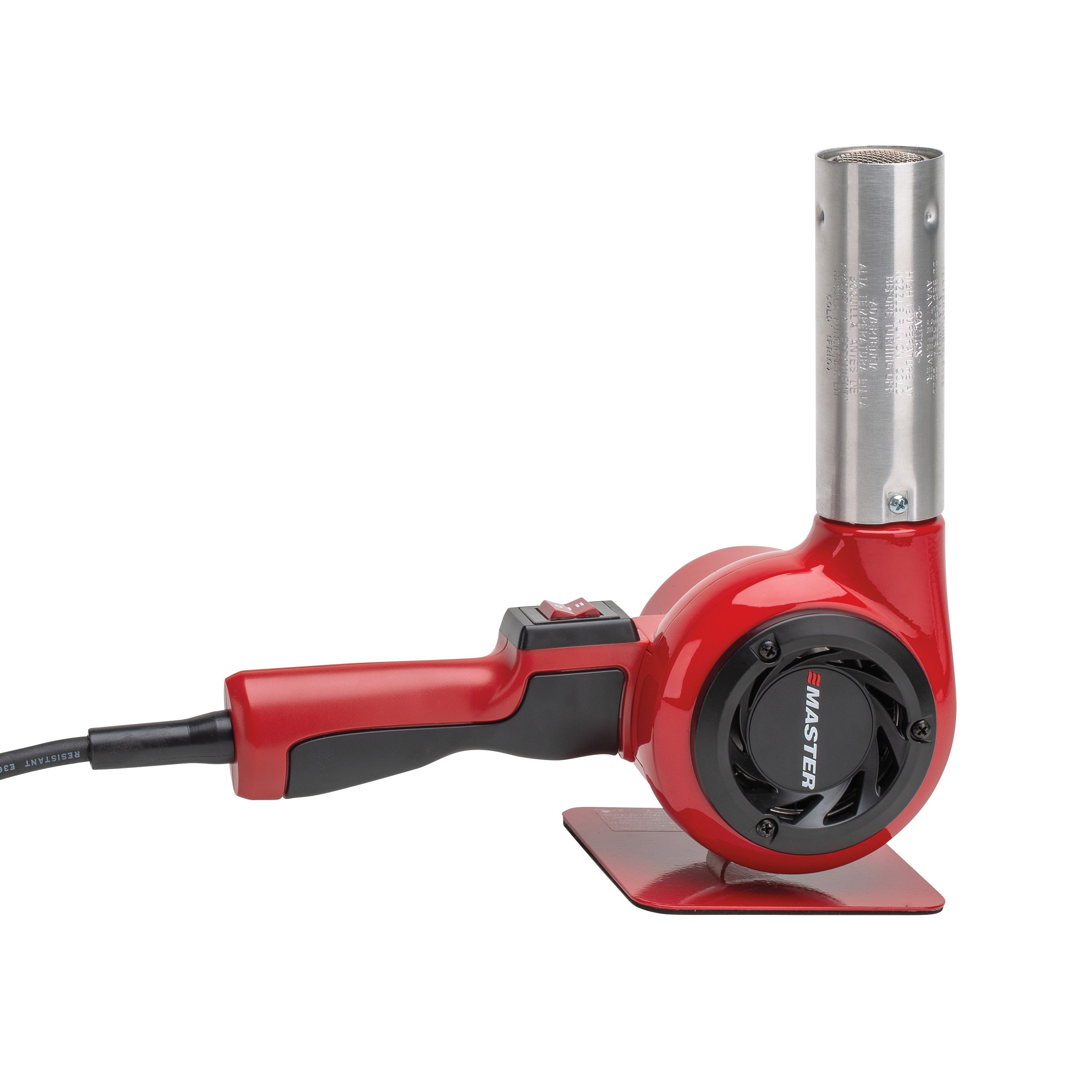 Red Master Heat Gun with a metal nozzle and ergonomic handle, featuring an on/off switch, displayed on a white background.