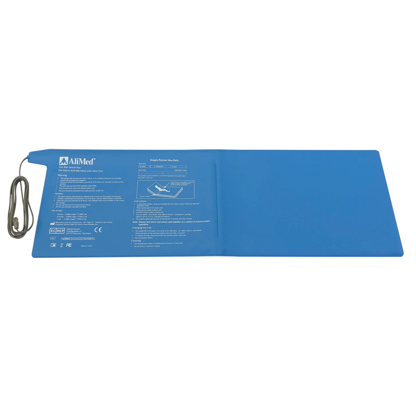 Blue AliMed Corded Bed Pressure Sensor Pad with printed instructions and attached cord, designed for patient monitoring.