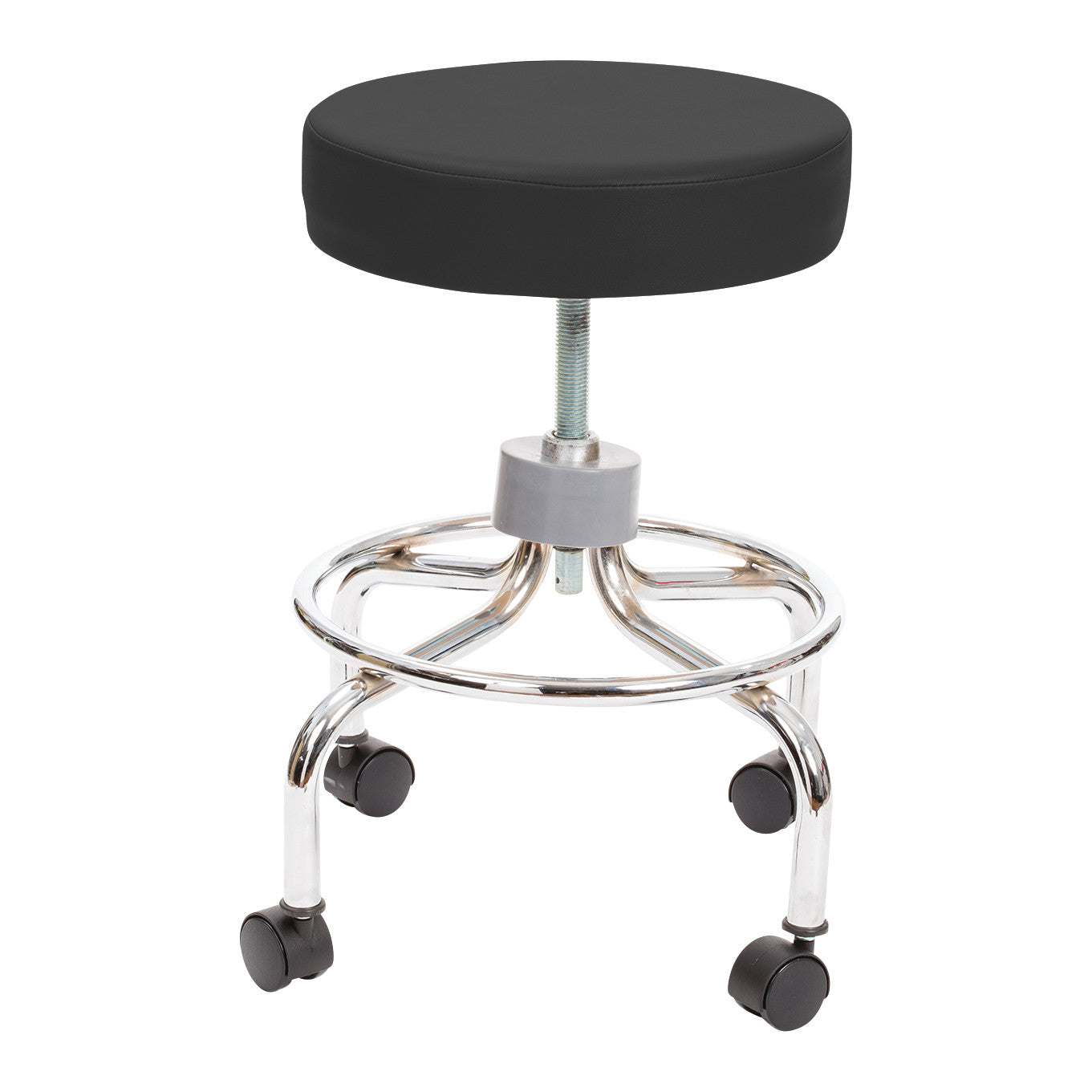 AliMed Utility Stool with Safe-Brake Casters features a black round seat, chrome frame, and wheels for mobility.