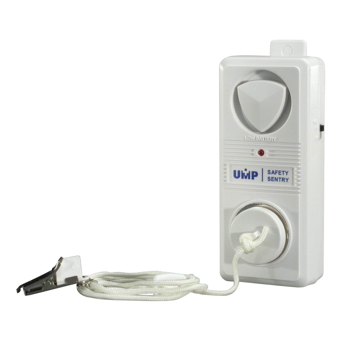 UMP Economy Pull-String Alarm, a white rectangular device with a pull string attached to a clip, features a low battery indicator.