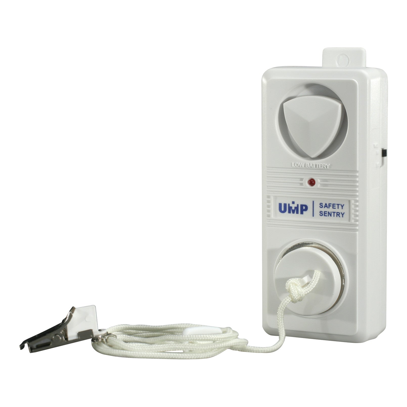 UMP Economy Pull-String Alarm, a white rectangular device with a pull string attached to a clip, features a low battery indicator.