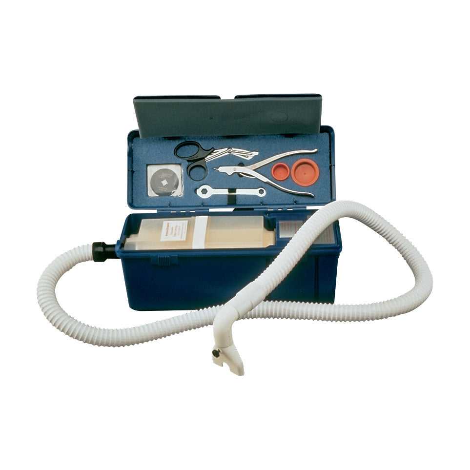 Delta-Cast American Orthopedic Portable Cast Dust Vacuum with a blue case, hose, scissors, and tools inside.