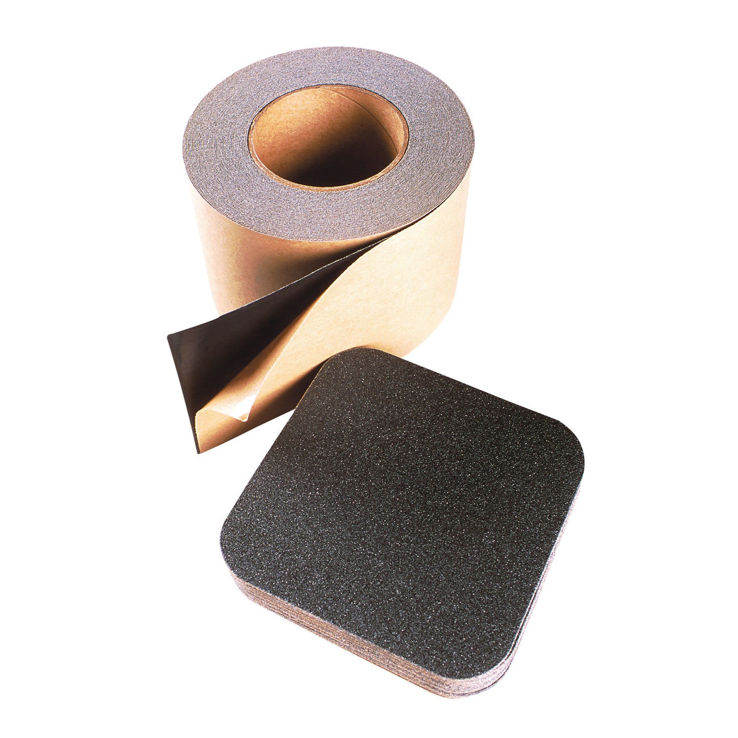 A roll of Safety Trax Strip and square non-slip pads with a black, textured surface and adhesive backing.