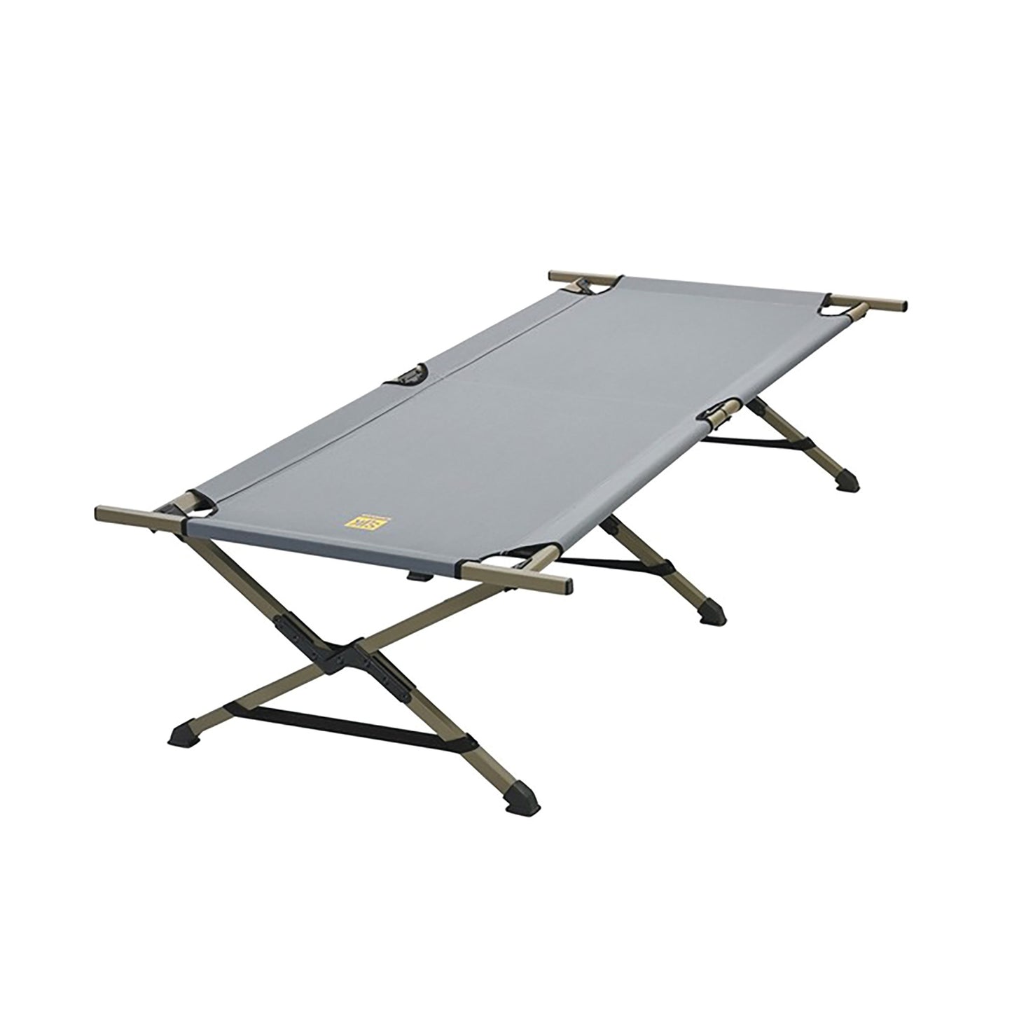 A Slumberjack Emergency Cot with a gray fabric surface and sturdy, foldable metal legs, designed for portable use.