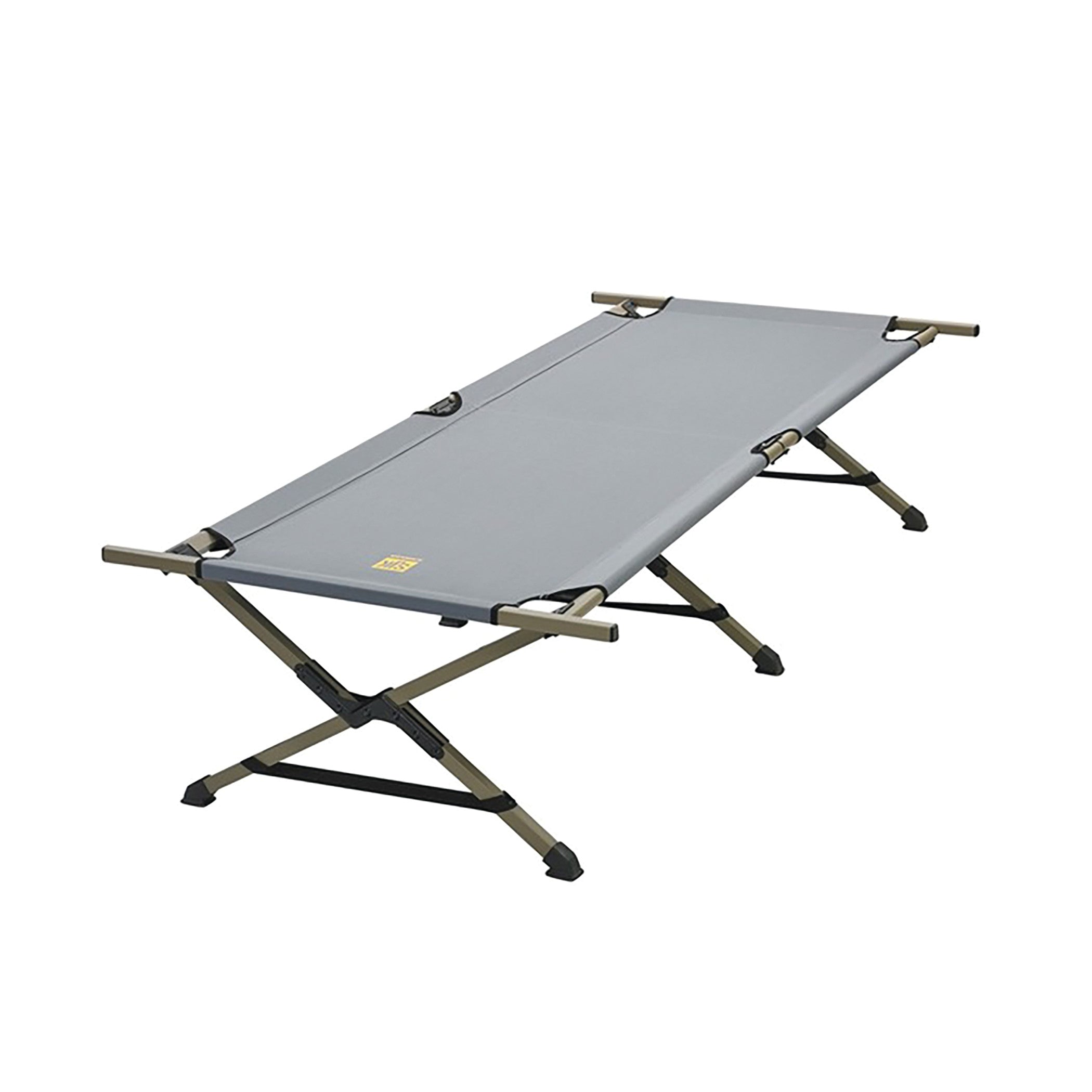 A Slumberjack Emergency Cot with a gray fabric surface and sturdy, foldable metal legs, designed for portable use.