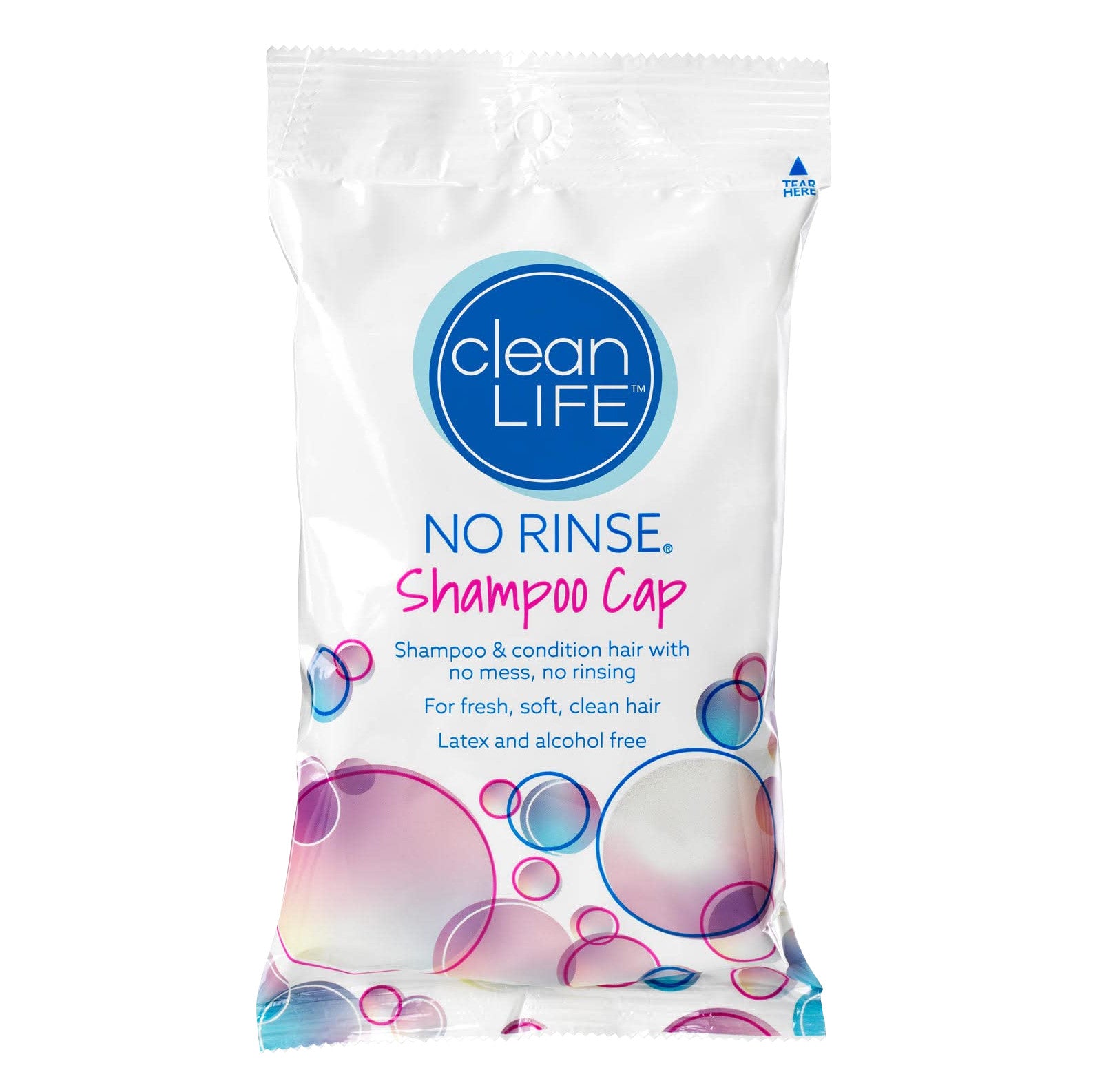 Packaging of the "No Rinse Shampoo Cap" by Clean Life, featuring colorful bubbles and text highlighting its no-rinse formula.