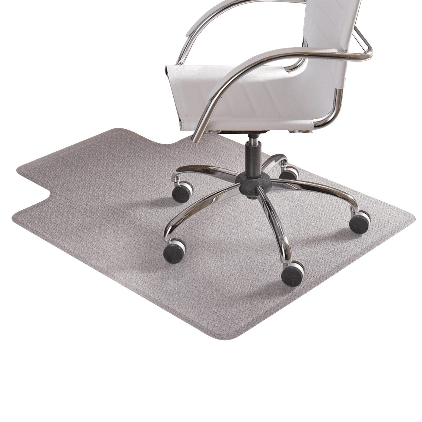 A white office chair on an Aleco Ultra-Clear Vinyl Chair Mat, designed to protect floors from chair movement.