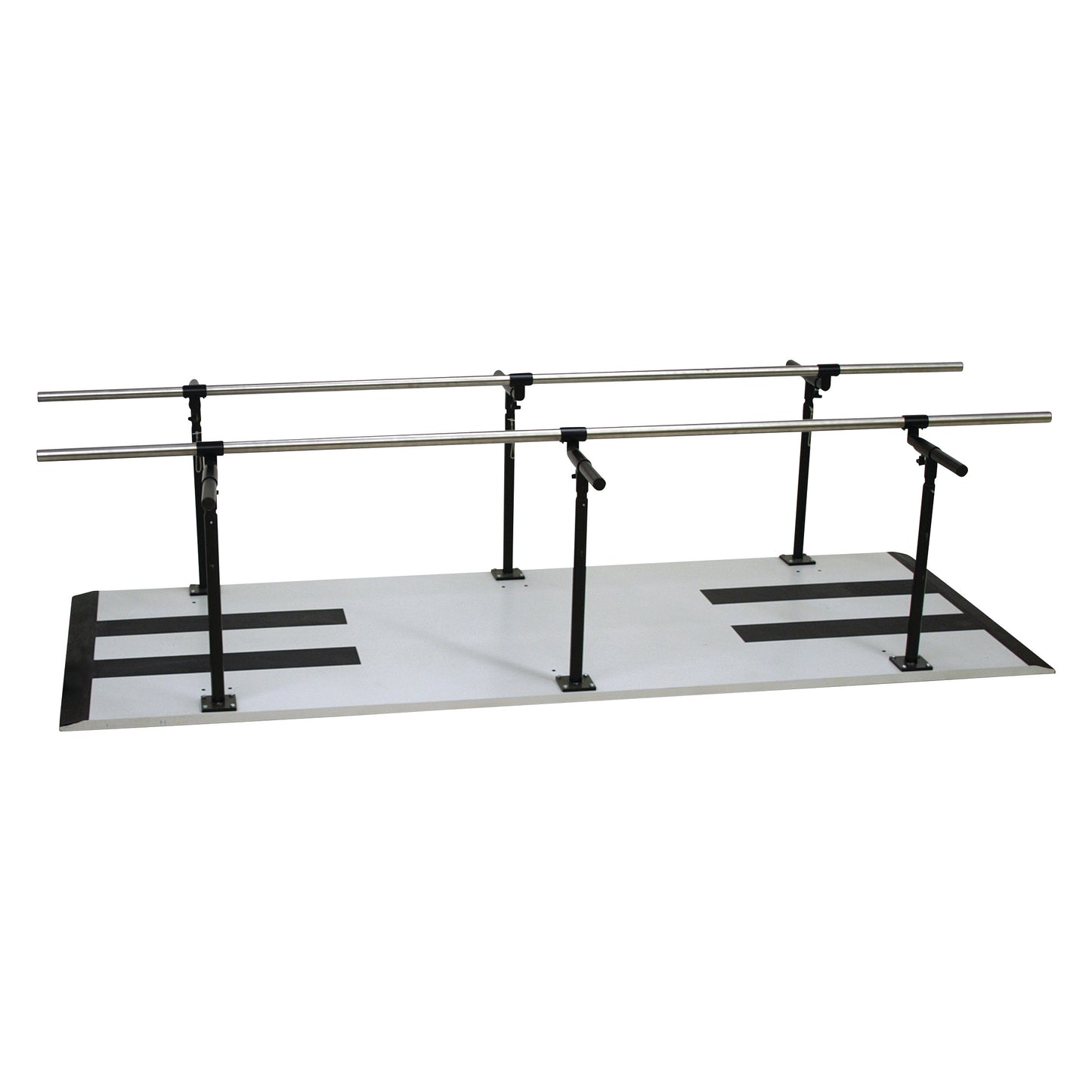 Hausmann Bariatric Parallel Bars on a white base with black metal supports and two horizontal rails for physical therapy use.