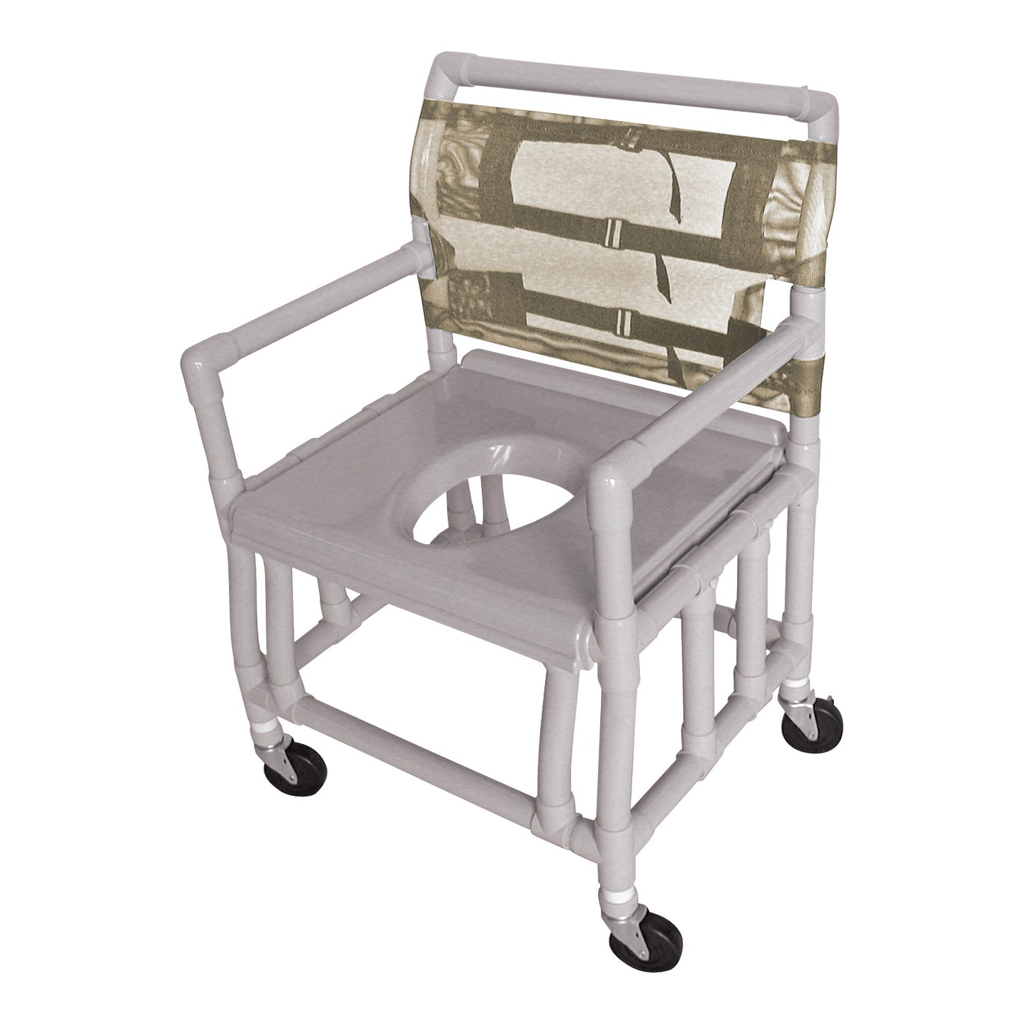 Healthline Bariatric Shower Commode Chair with Vacuum Seat, made of PVC, features a cutout seat and wheels for mobility.