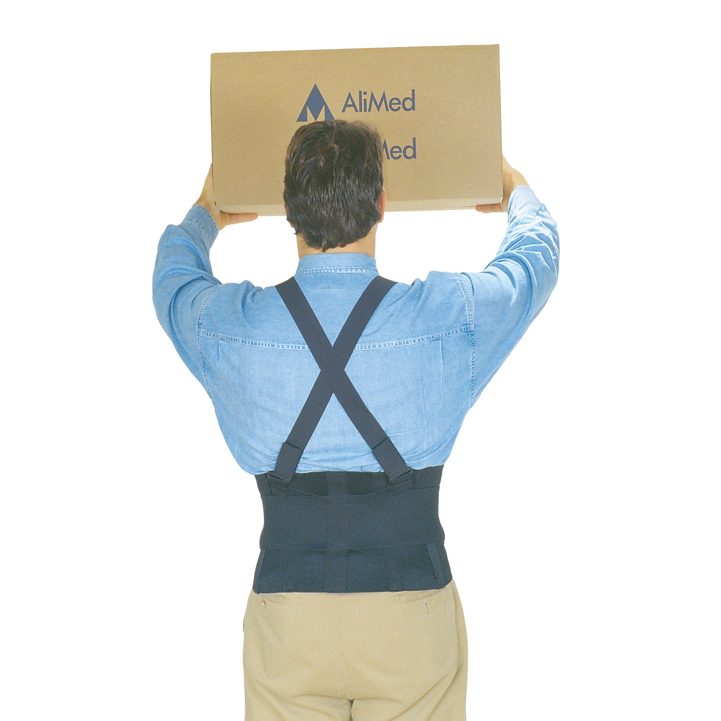 A person wearing an AliMed Elastic Brace and a denim shirt lifts a box with "AliMed" on it, with braces visible on their back.