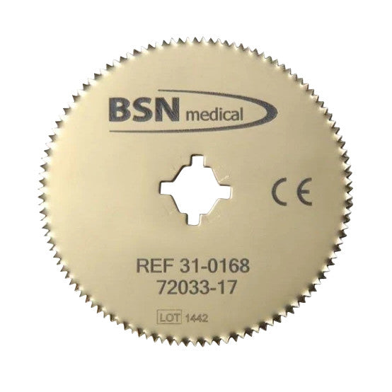 Delta-Cast Cast Saw Blade with a toothed circular edge and central cutout. It displays branding and reference numbers.