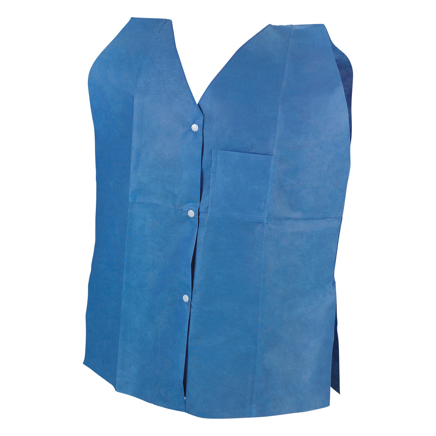 Blue disposable Tidi Exam/Rehab Vest with front buttons and a chest pocket, designed for medical or rehabilitation settings.