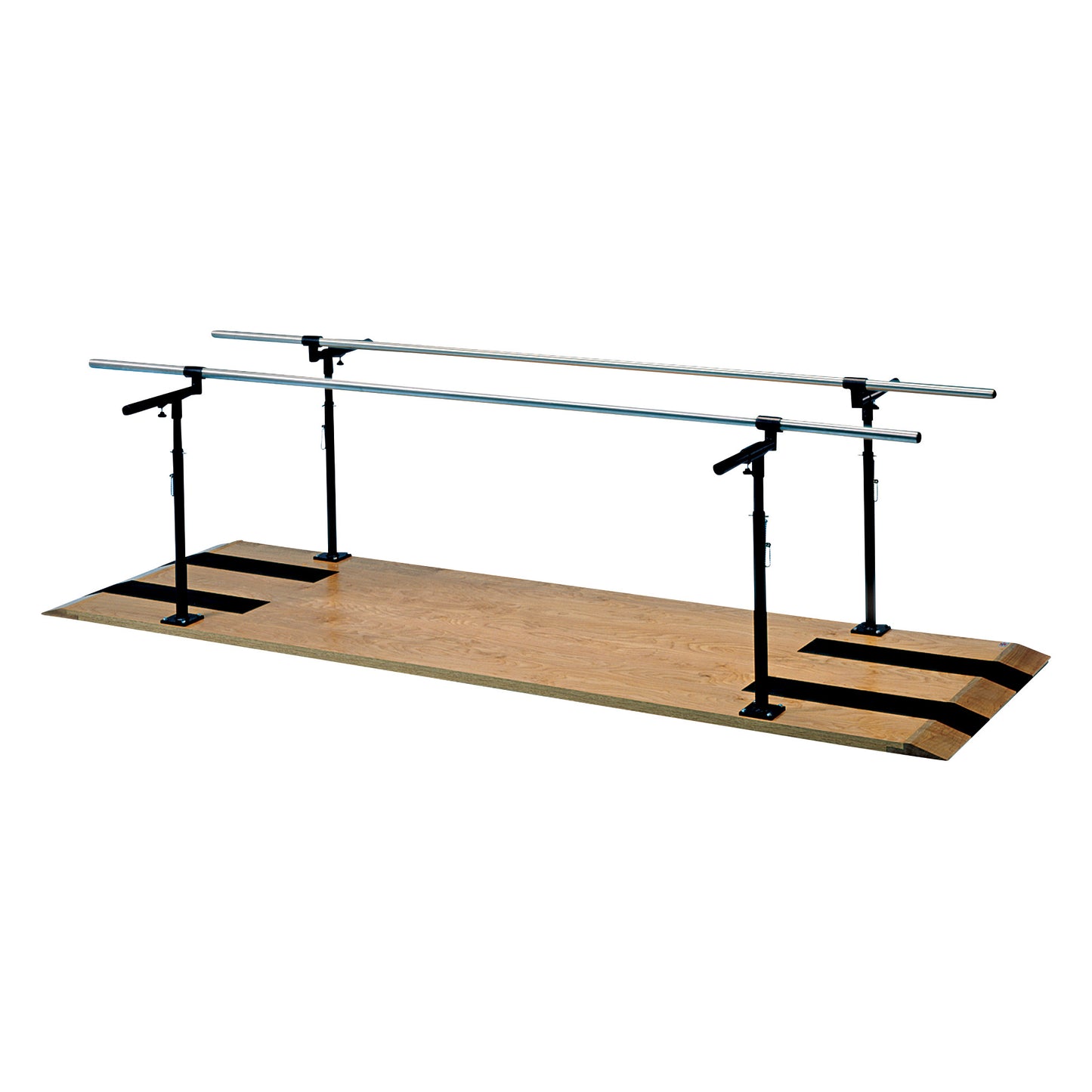 Hausmann Parallel Bars on a wooden platform with adjustable metal handrails and supportive black metal stands.