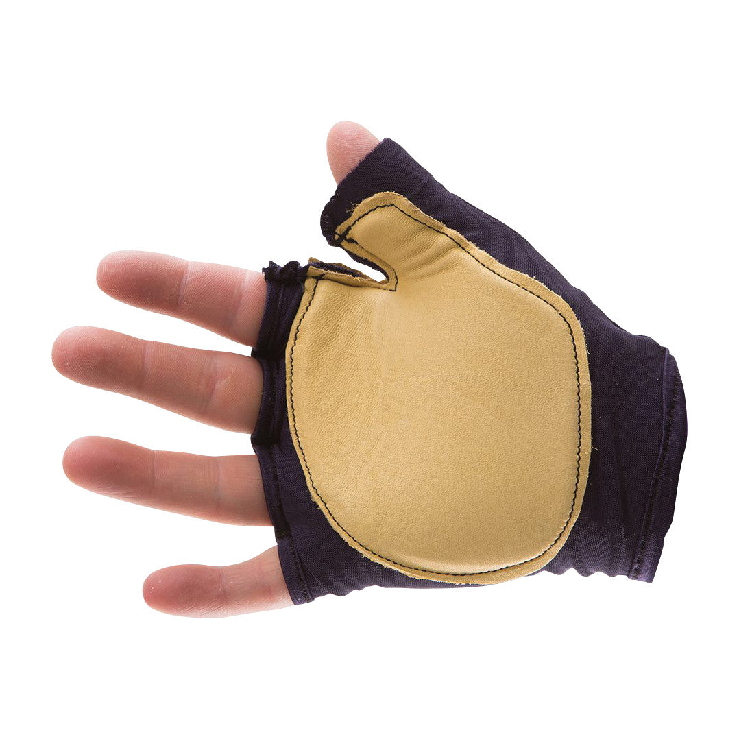 A hand wearing an Impacto Anti-Impact Fingerless Glove and Insert. It is black with a tan padded palm area.