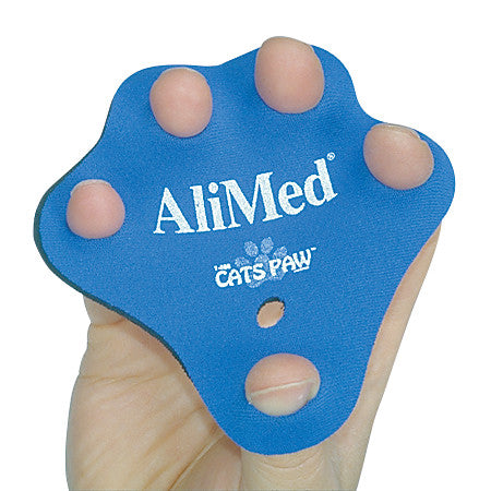 A blue "AliMed Cat's Paw Finger Exerciser" is held in hand, showing finger holes with text and paw print design.