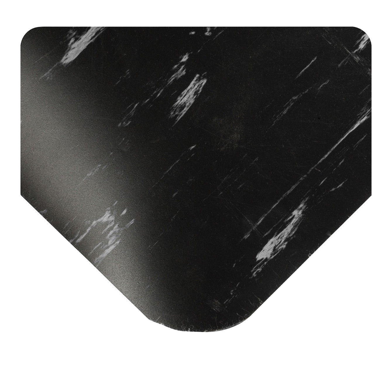 Wearwell Tile-Top Antimicrobial Mat in black with subtle white marbling, cut at an angled edge.