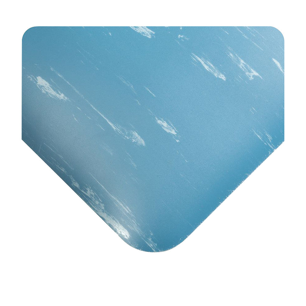 Close-up of Wearwell Tile-Top Antimicrobial Mat, showing its blue surface with white streaks and rounded corners.