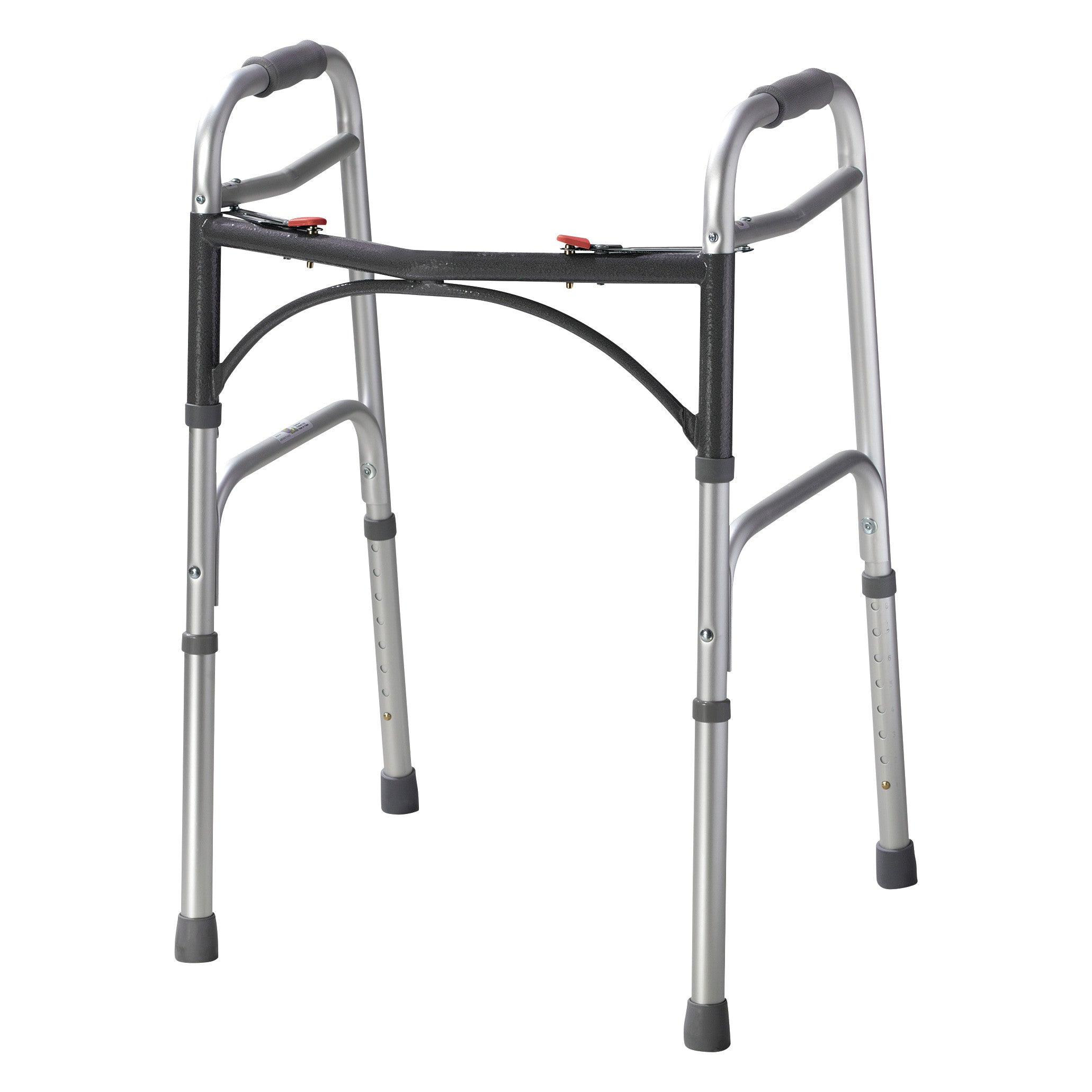 Drive Medical Deluxe Folding Walker with adjustable silver frame and black cushioned hand grips.