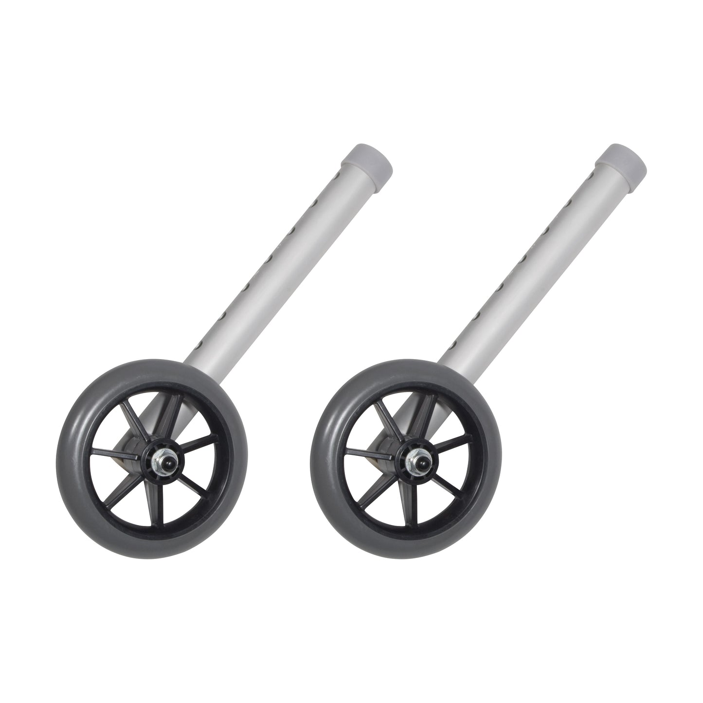 Two Drive Medical Walker Wheels with gray rims and black spokes attached to aluminum legs, shown on a white background.