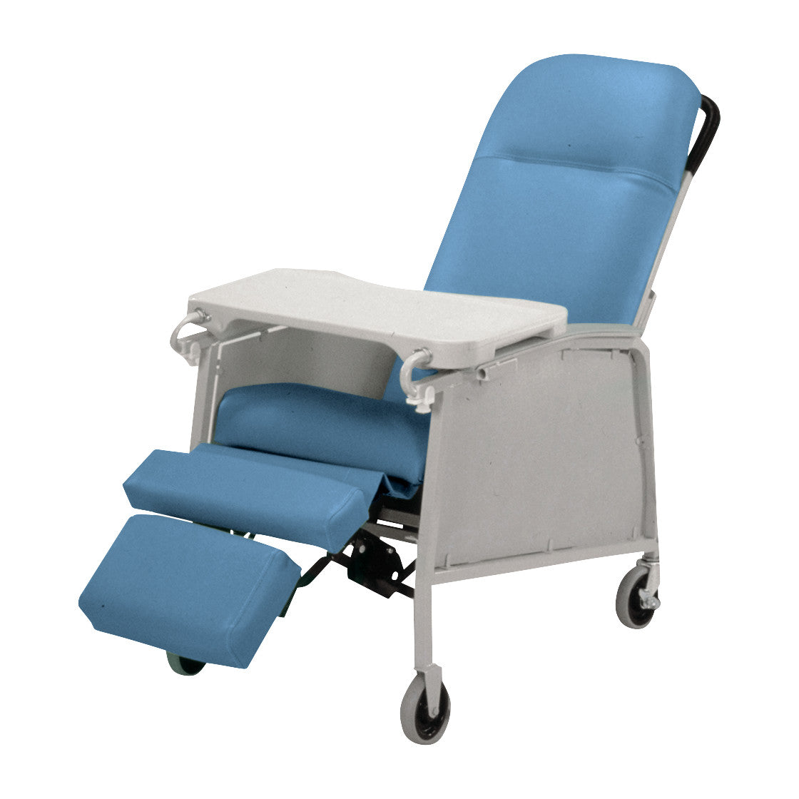 Lumex Ortho-Biotic Three-Position Recliner, Model 574, with blue upholstery, a white tray, and wheels for mobility.