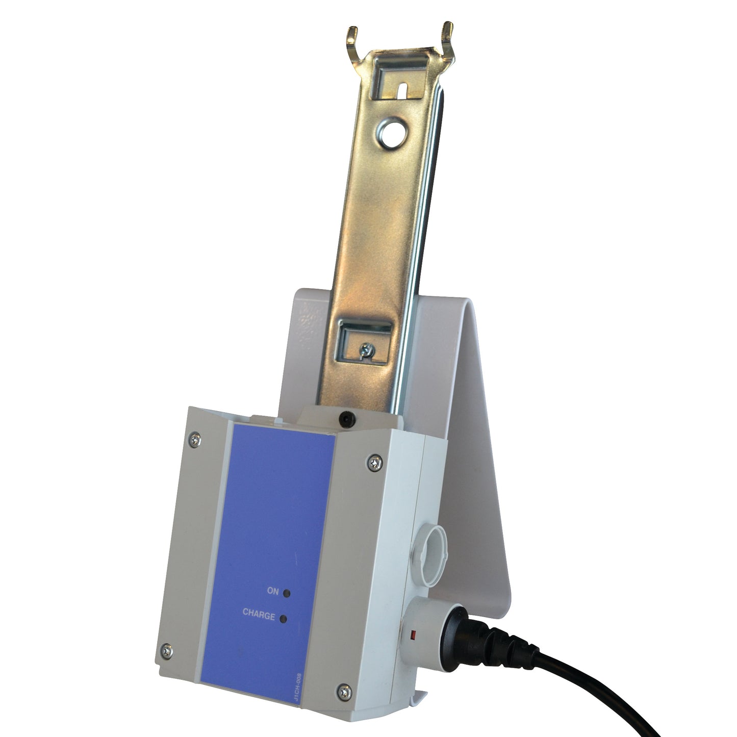 Battery recharging station for Hoyer HPL402 Patient Lifter, featuring a blue panel, metal support, and a connected power cord.