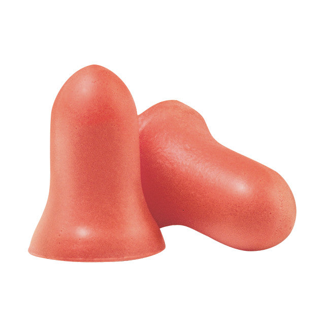 Two orange Uncorded Foam Earplugs with a smooth, bell-shaped design are displayed on a white background.
