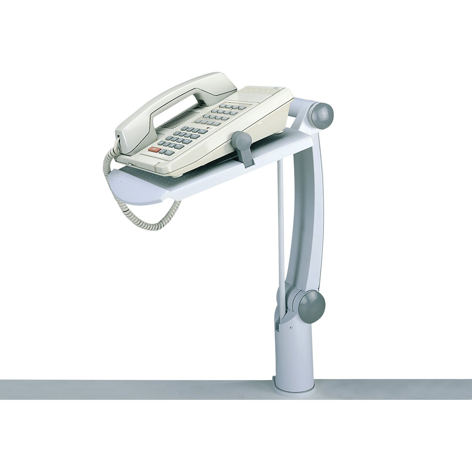 AIData Ergo Flex Phone Arm holds a beige corded telephone, attached to an adjustable gray arm for flexible positioning.