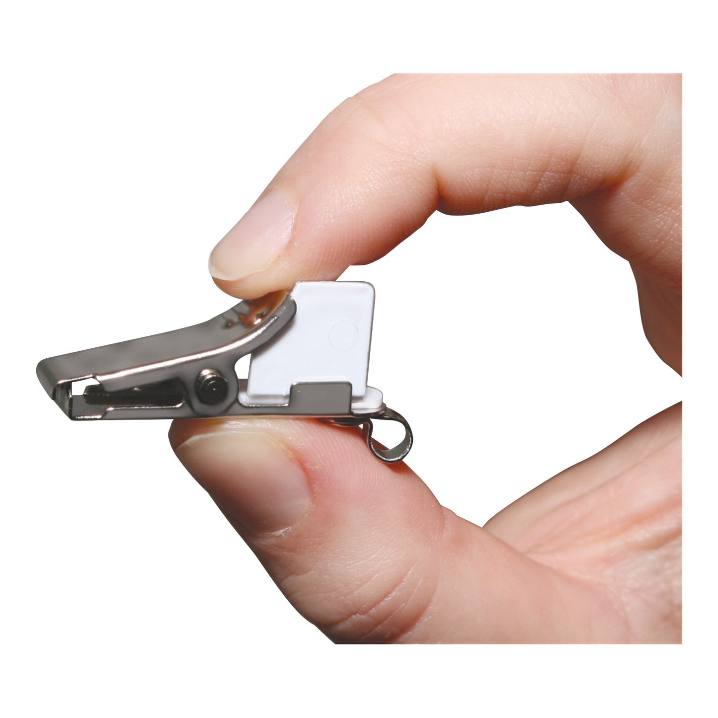 A hand holds a Tamper-Resistant Clothing Clip, a small metal device with a plastic component, designed for secure attachment.