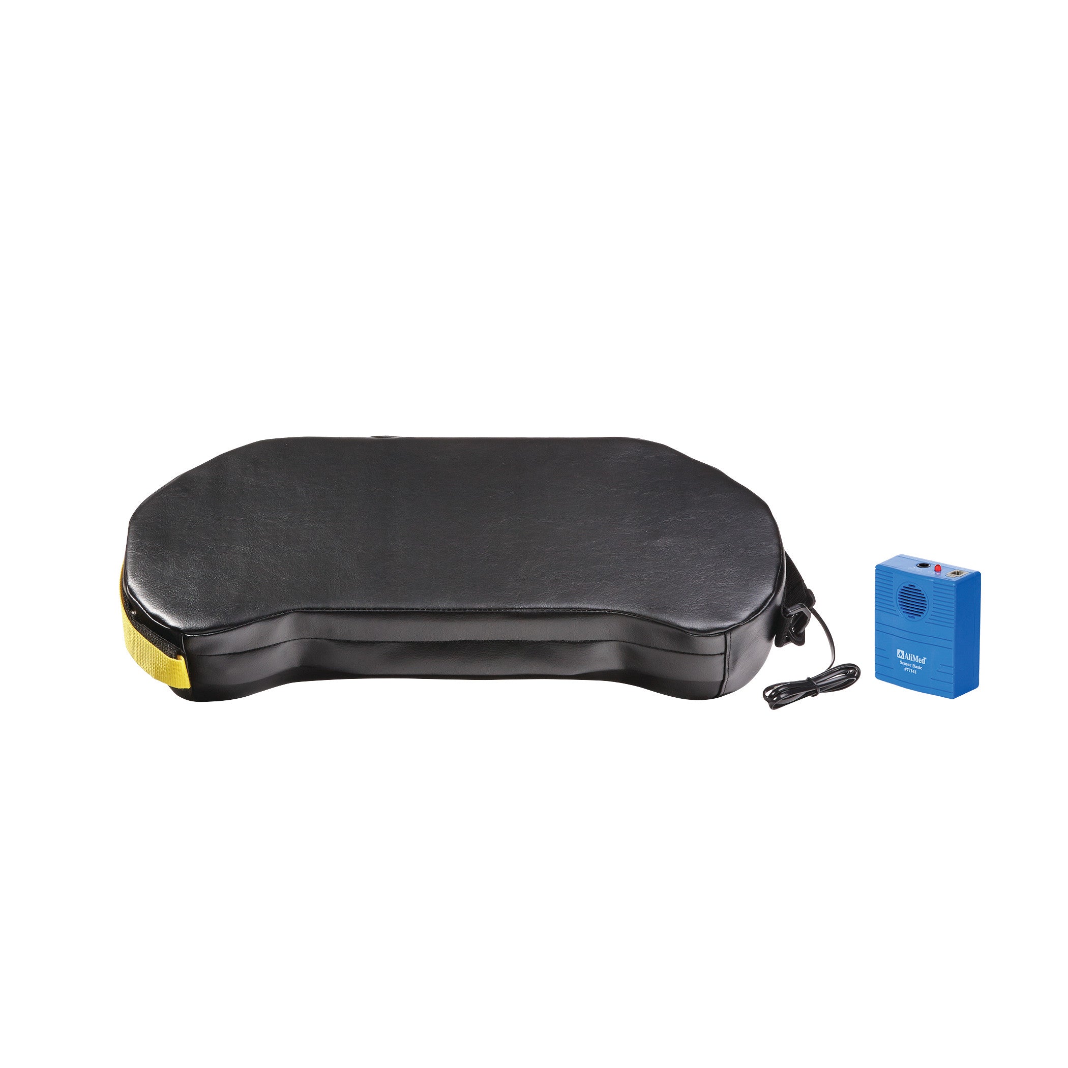 AliMed BreakAway Lap Cushion with Basic Alarm. Black cushion connected to a small blue alarm box with a cord.