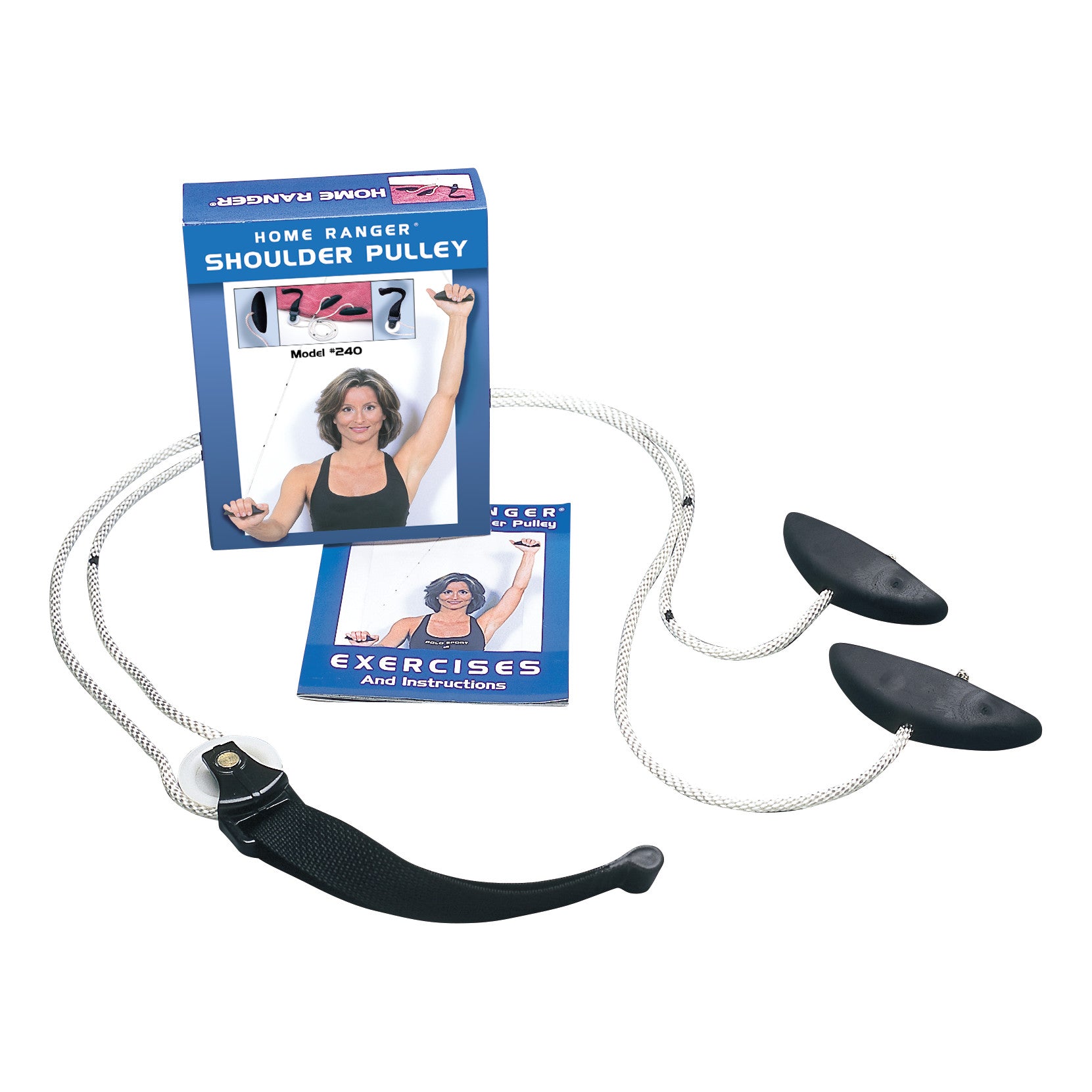 Home Ranger Original Shoulder Pulley with rope, handles, and a wall attachment shown. Packaging and instruction booklet included.