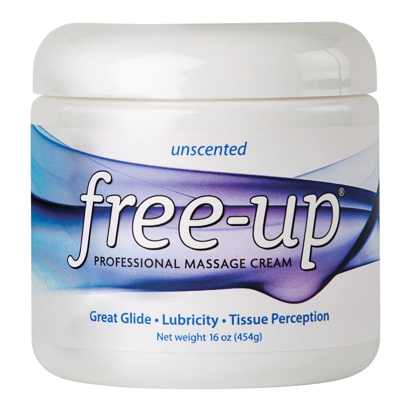 A jar of Free-Up Massage Cream, unscented, labeled for great glide, lubricity, and tissue perception. Net weight: 16 oz (454g).