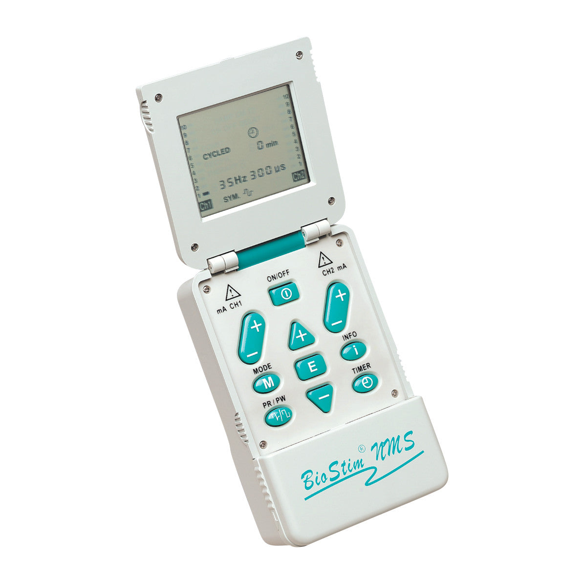BioStim Digital NMS2 Muscle Stimulator with flip-open design, LCD screen, and blue control buttons on a white body.