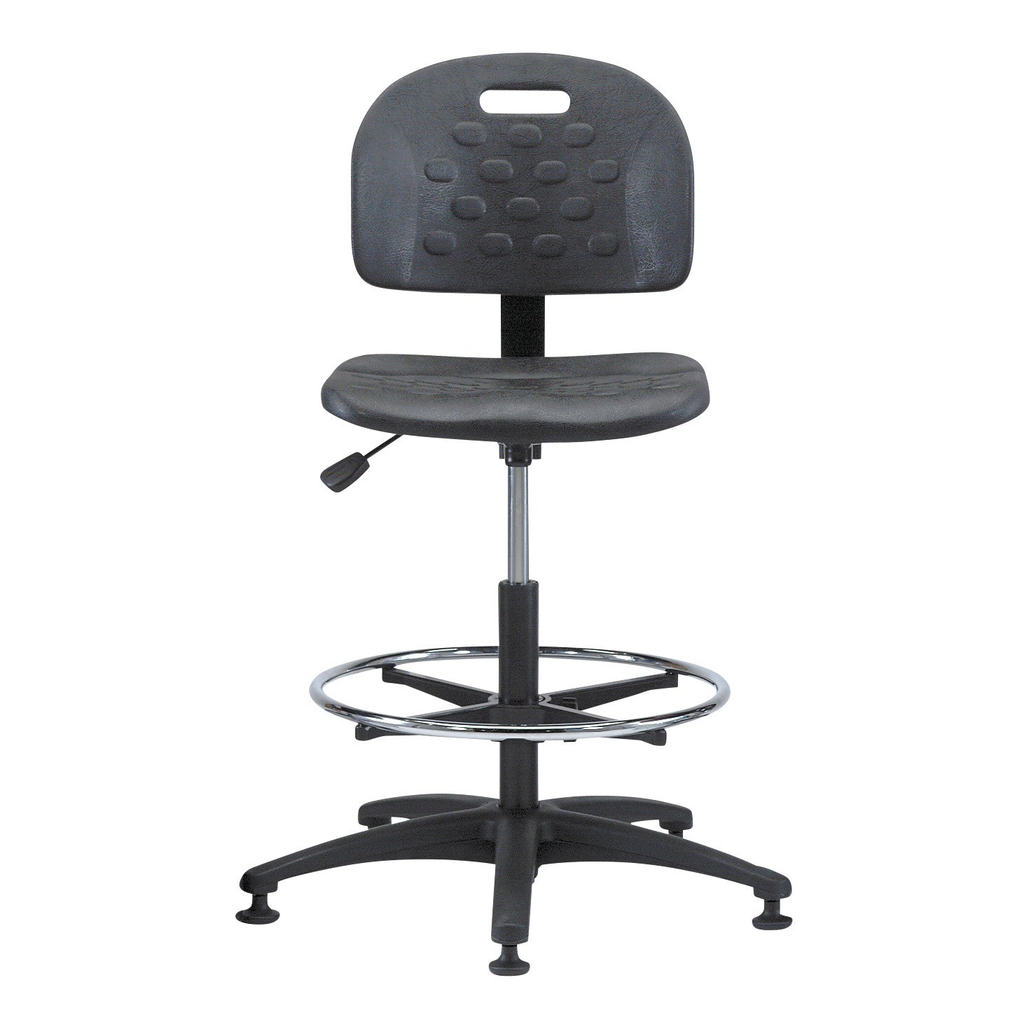 Brewer Industrial Seating chair with a black cushioned seat, backrest, adjustable height, footrest ring, and five-legged base.