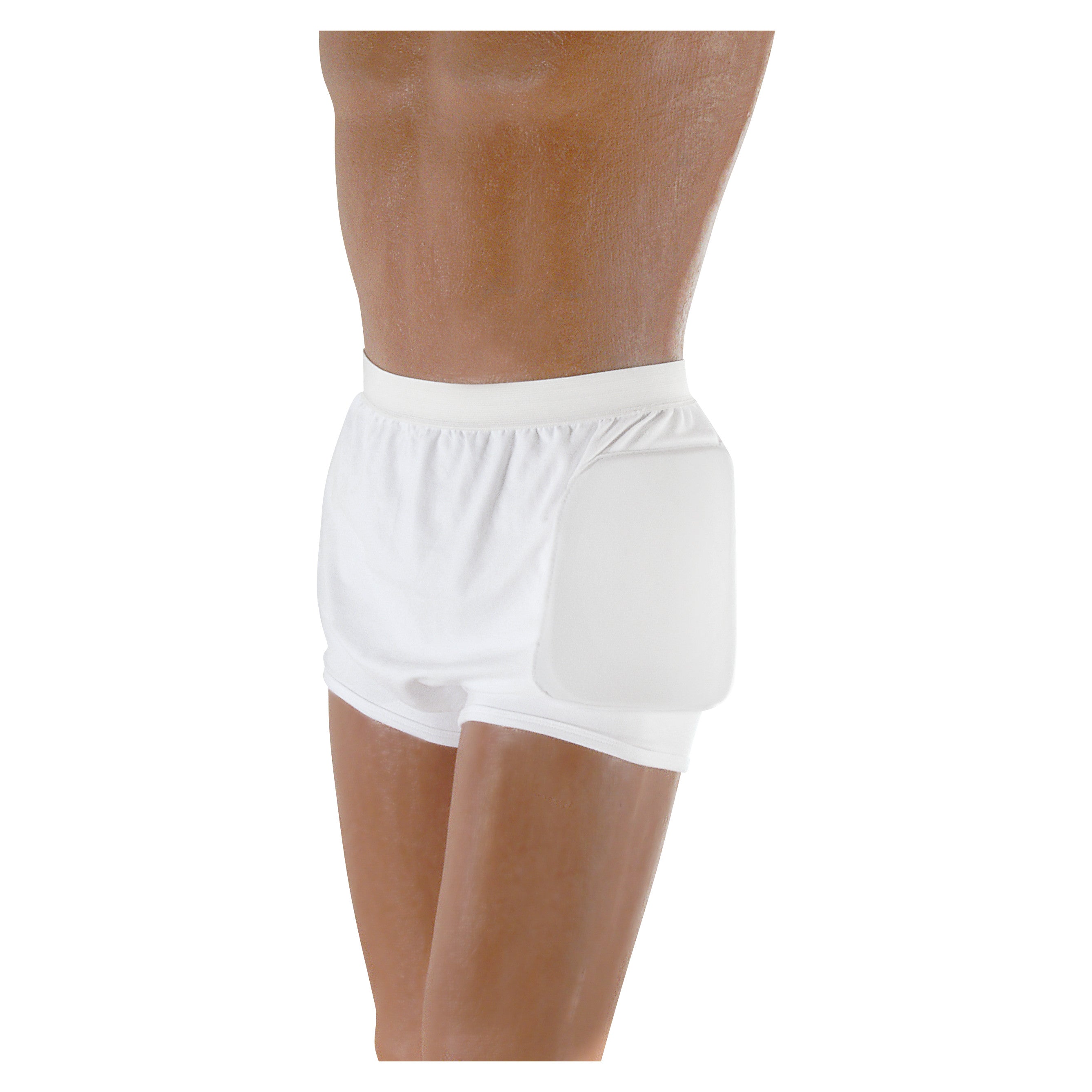 A person wears an AliMed HipShield Hip Protector, visible as a white padded area on the side of white shorts.