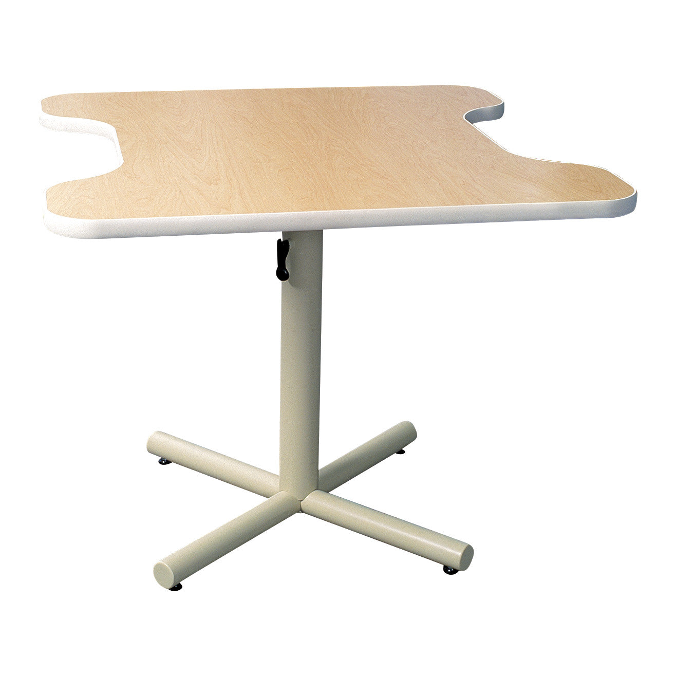 AliMed Adjustable Dual Comfort Recess Table with a beige contoured top and a central pedestal base with four legs.
