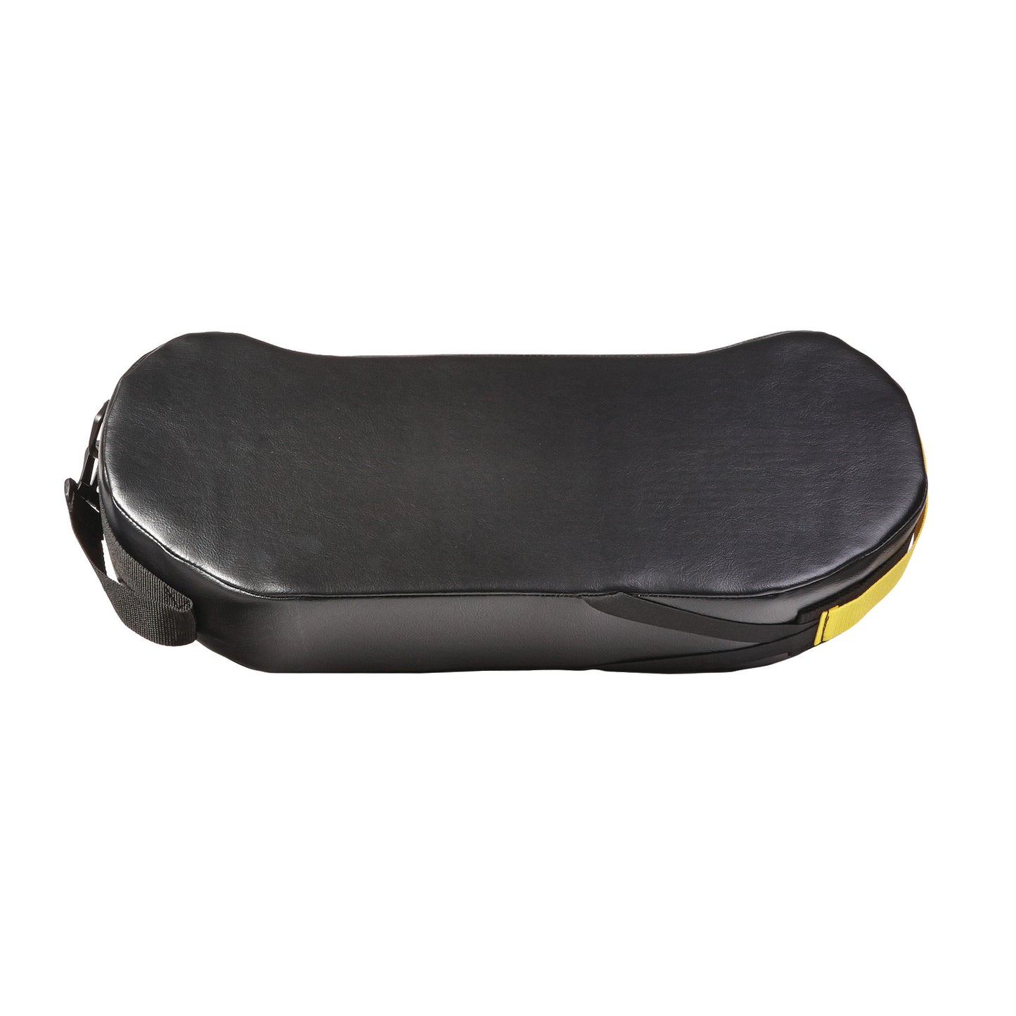 AliMed Replacement BreakAway Lap Cushion, a black padded rectangle, features a strap on one end and a yellow accent.