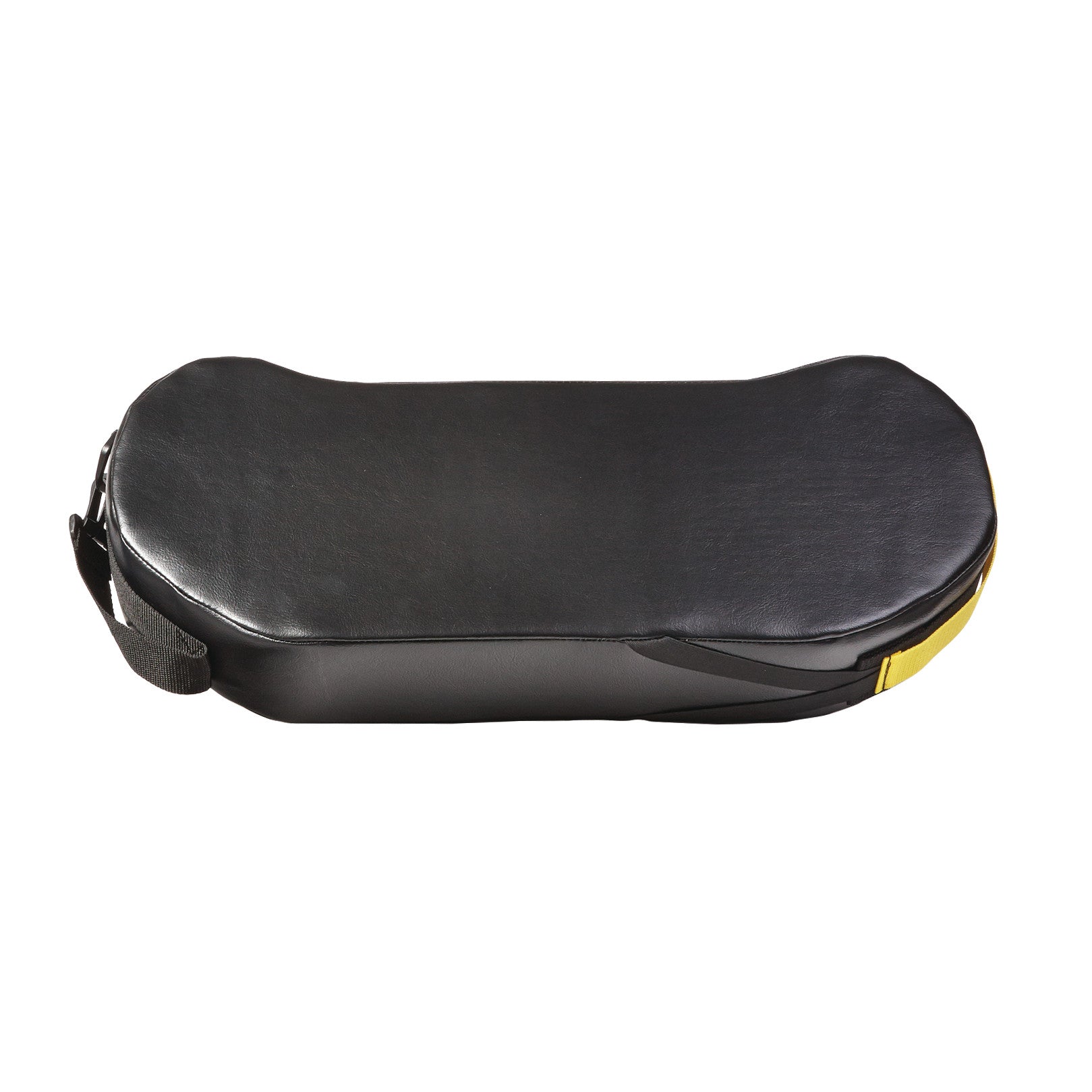 AliMed Replacement BreakAway Lap Cushion, a black padded rectangle, features a strap on one end and a yellow accent.